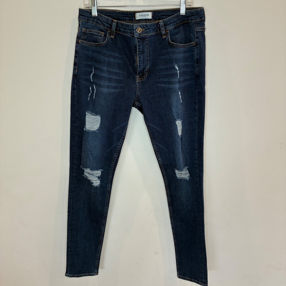 Legend London Mens Distressed Skinny Jeans Dark Wash Blue Ripped Denim 32x30